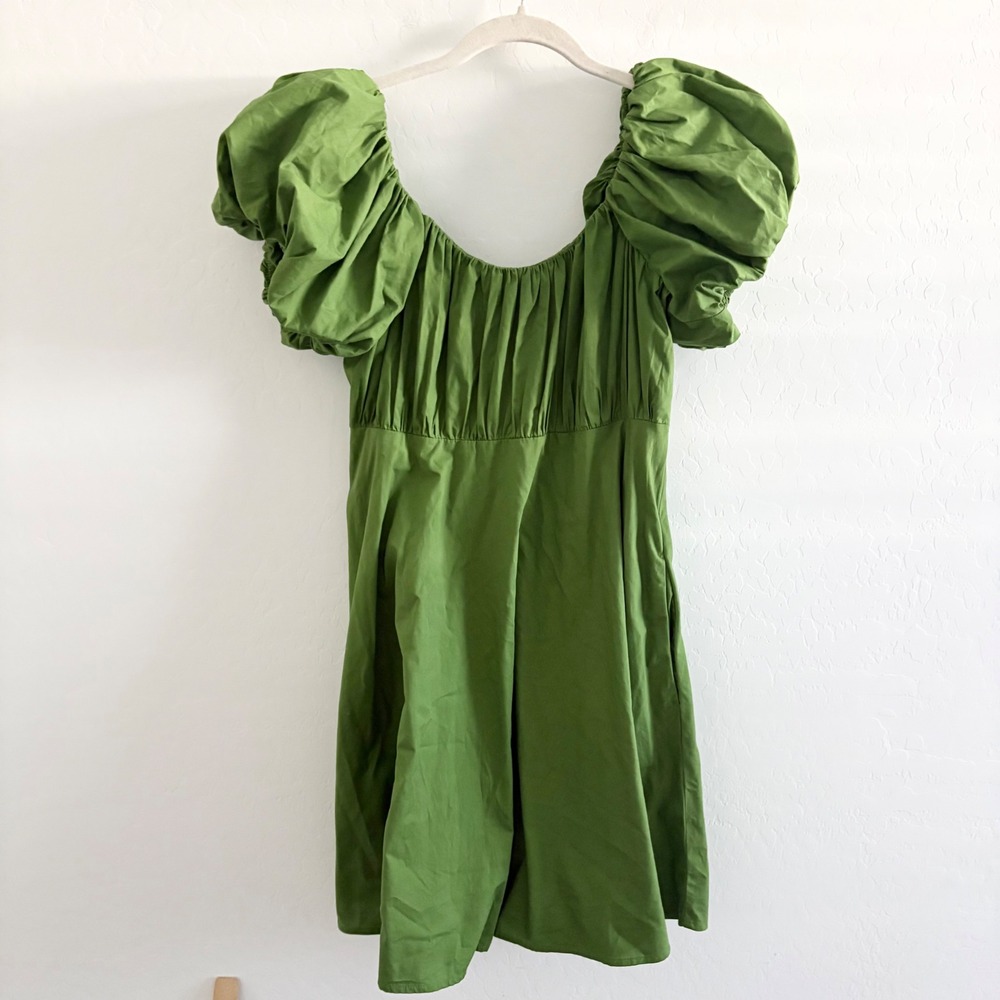 Abercrombie & Fitch Green Poplin Puff Sleeve Mini Dress Smocked Back Pockets MT - Picture 3 of 8